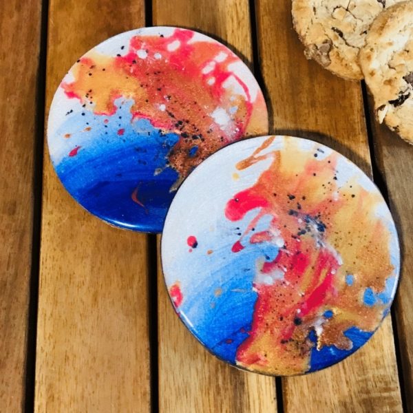 Planet theme coaster - blue red copper resin