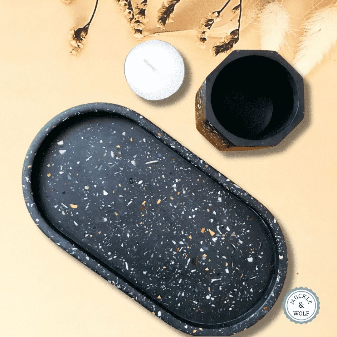 black terrazzo tray and tea light holder gift set