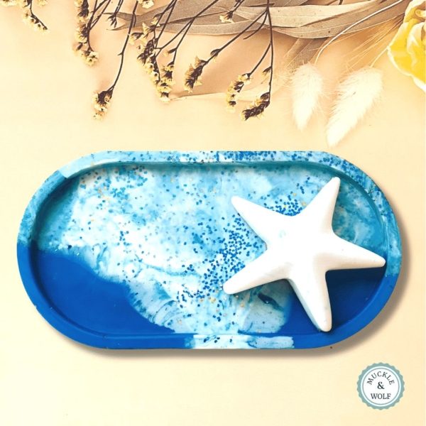blue glitter jesmonite oval tray starfish gift set