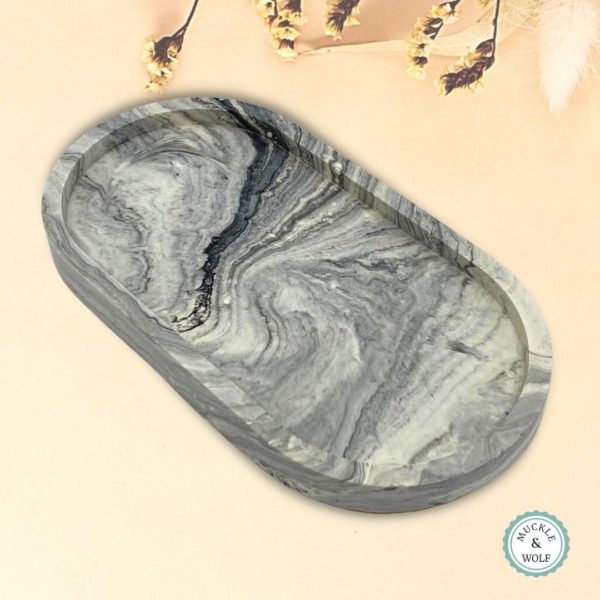 black white marble effect jesmonite oval trinket dish