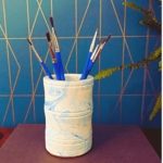 blue white marble effect pen pot