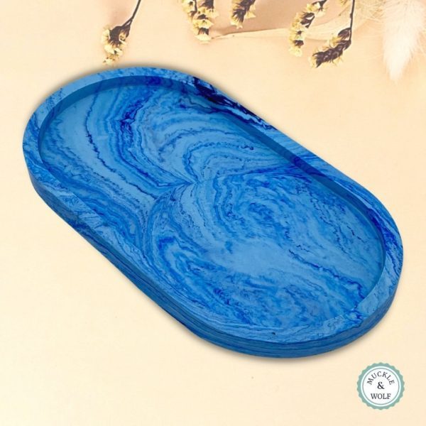 blues marbled jesmonite oval trinket dish tray