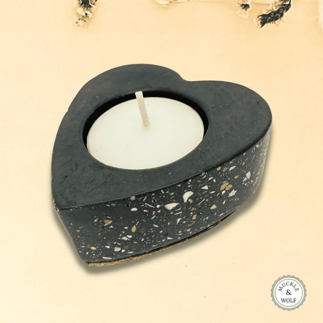 black terrazzo effect heart shape tea light