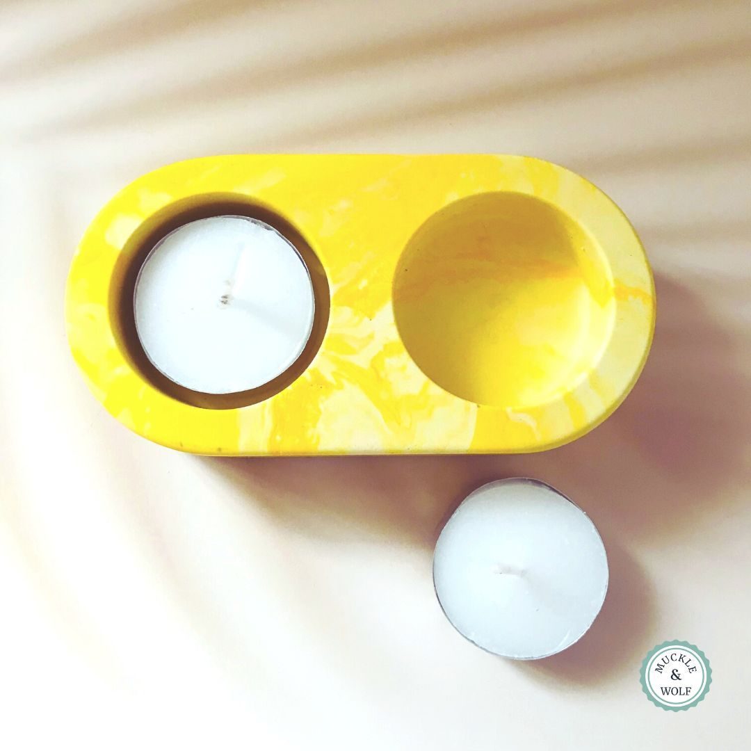 yellow white marble effect two hole tea light holder
